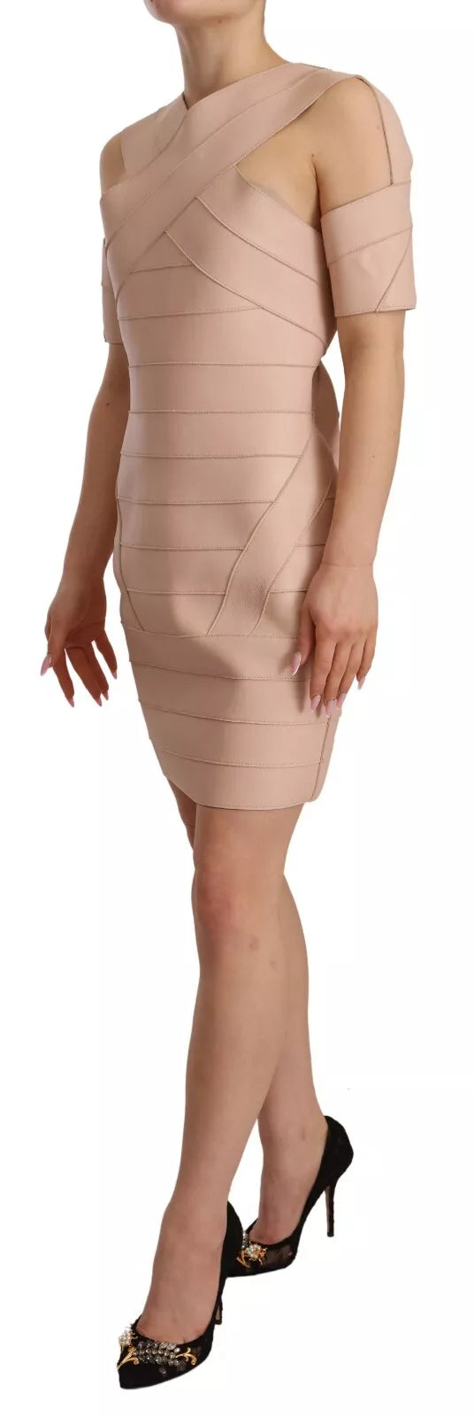 Robe courte en cuir beige Dsquared² avec épaules ouvertes et coupe ajustée, élégante et sophistiquée.