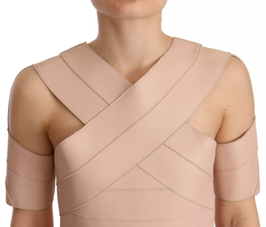 Robe mini beige en cuir avec épaules dénudées de la marque Dsquared², élégante et ajustée.