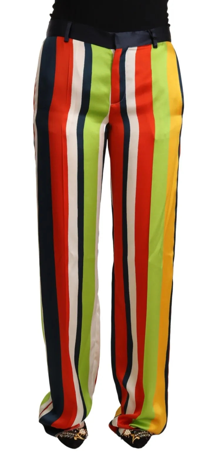 Pantalons droits à rayures multicolores à taille moyenne de Dsquared², visibles avec détails de la coupe et des couleurs vives.