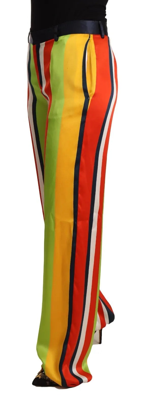 Pantalon droit à rayures multicolores à taille moyenne de Dsquared², vue en gros plan sur le tissu et la coupe.