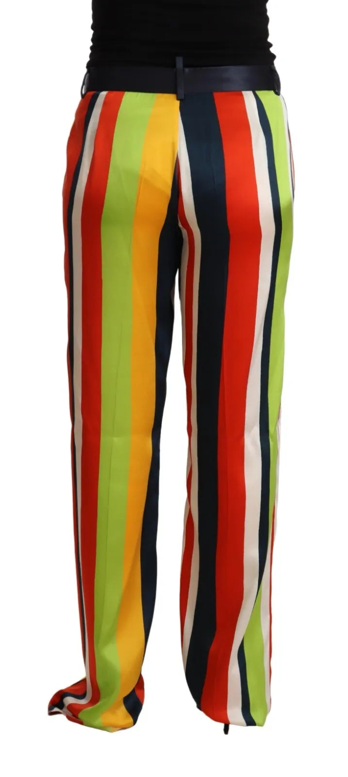 Pantalons droits à rayures multicolores de taille moyenne en denim de marque Dsquared², visibles en gros plan.