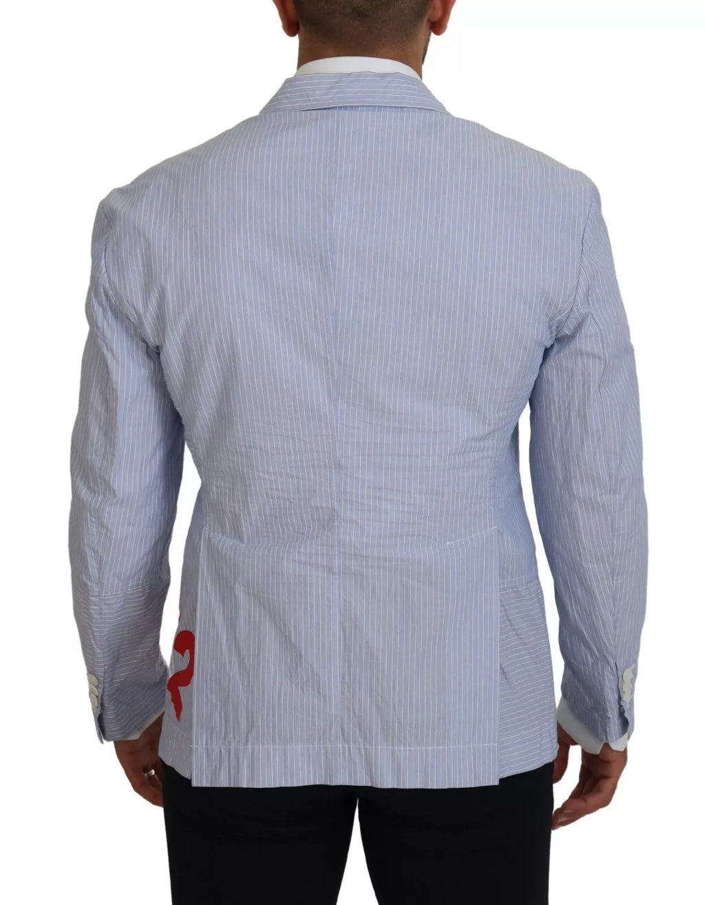 Manteau blazer bleu à rayures à un bouton de marque Dsquared², coupe formelle avec col classique et poche avant visible.