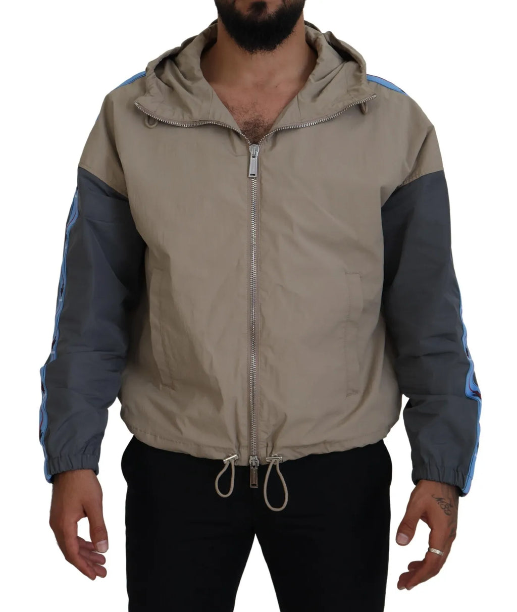 Veste à capuche zippée complète gris brun avec manches longues, marque Dsquared², vue de face.