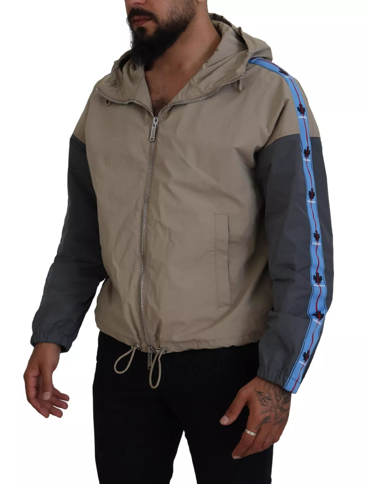 Veste à capuche zippée en gris et marron de Dsquared², avec manches longues et design décontracté, vue de face.