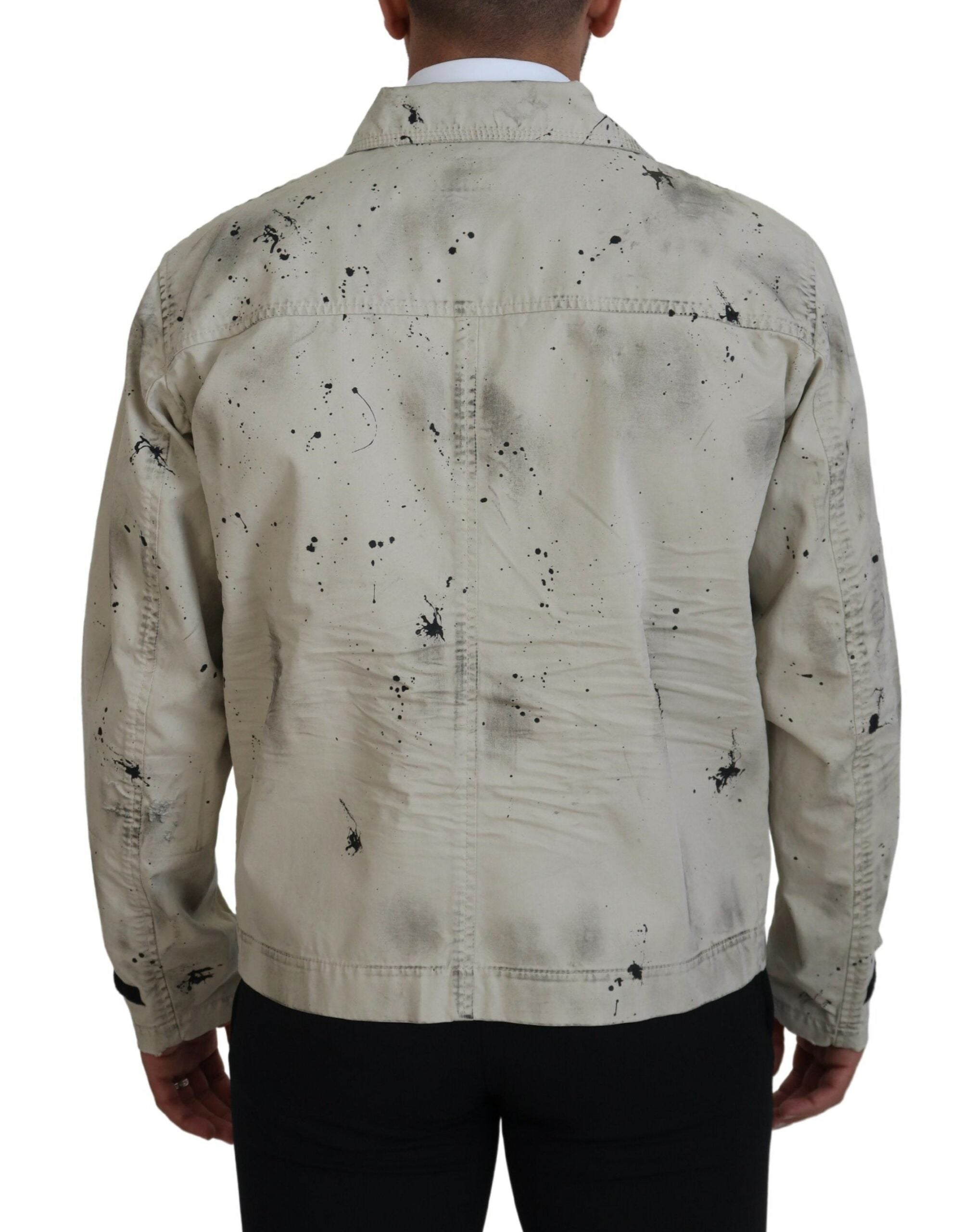 Veste en jean décontractée Dsquared² avec imprimé éclaboussure blanc et noir, style casual, visible sur l'image.