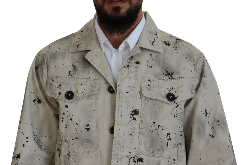 Veste en jean décontractée Dsquared² avec imprimé éclaboussure blanc et noir, style casual, visible sur l'image.