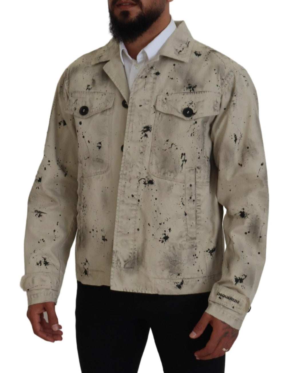 Veste en jean décontractée Dsquared² avec impression éclaboussures blanches et noires, style casual, coupe classique.