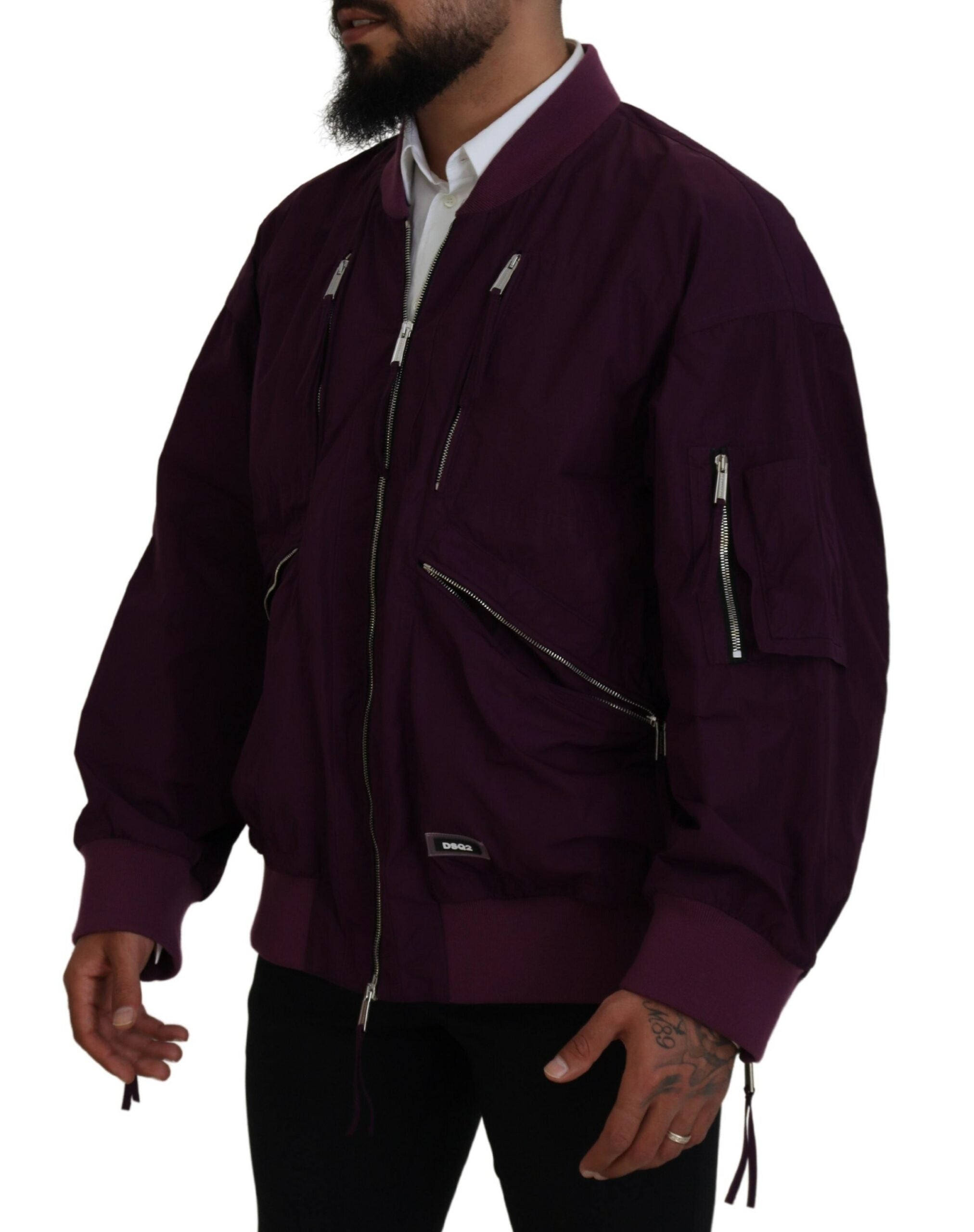 Veste bomber en polyester violet de la marque Dsquared² avec fermeture éclair complète, vue de face.