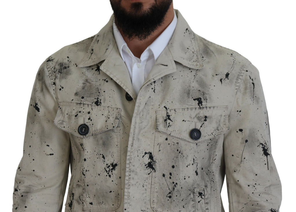 Veste en jean décontractée Dsquared² blanc cassé et noir avec motif éclaboussure, style casual et tendance.