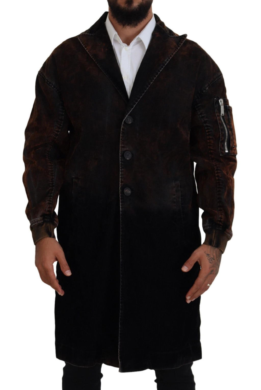 Manteau long marron pour homme de la marque Dsquared², en coton avec boutons, style élégant et décontracté.