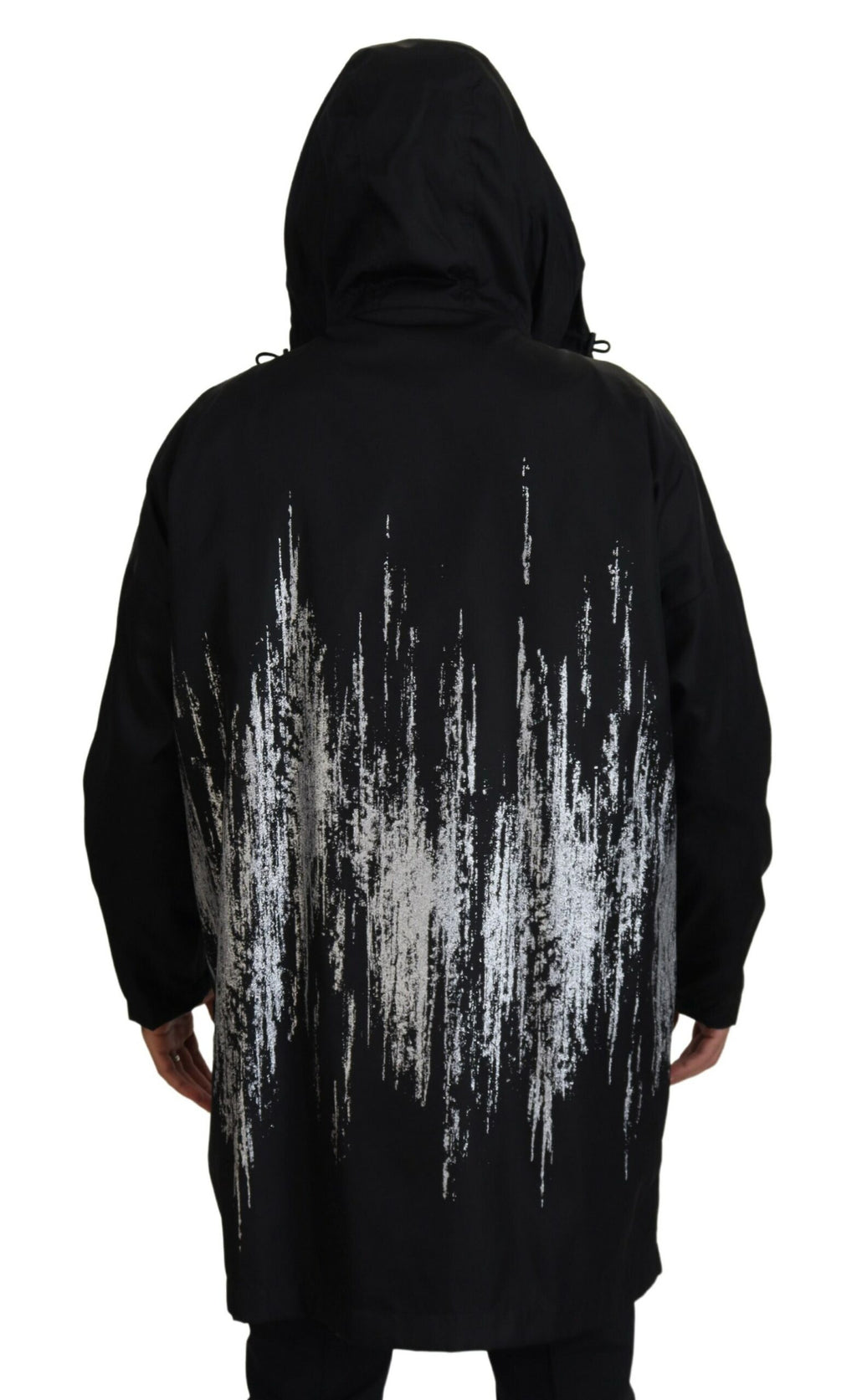 Imperméable long à capuche noir et blanc DSquared² avec imprimé en nylon, détails modernes et coupe décontractée.