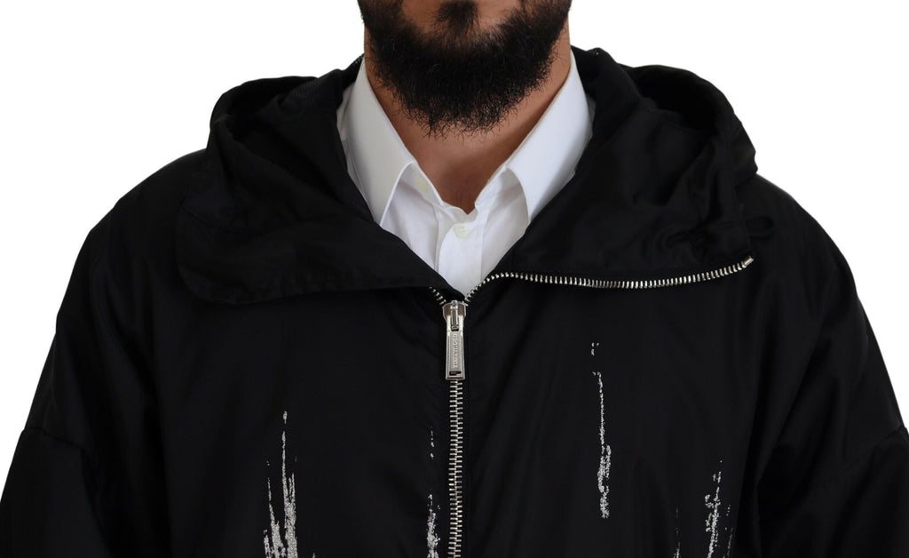 Imperméable long à capuche noir et blanc avec motif imprimé, veste en nylon de la marque Dsquared².