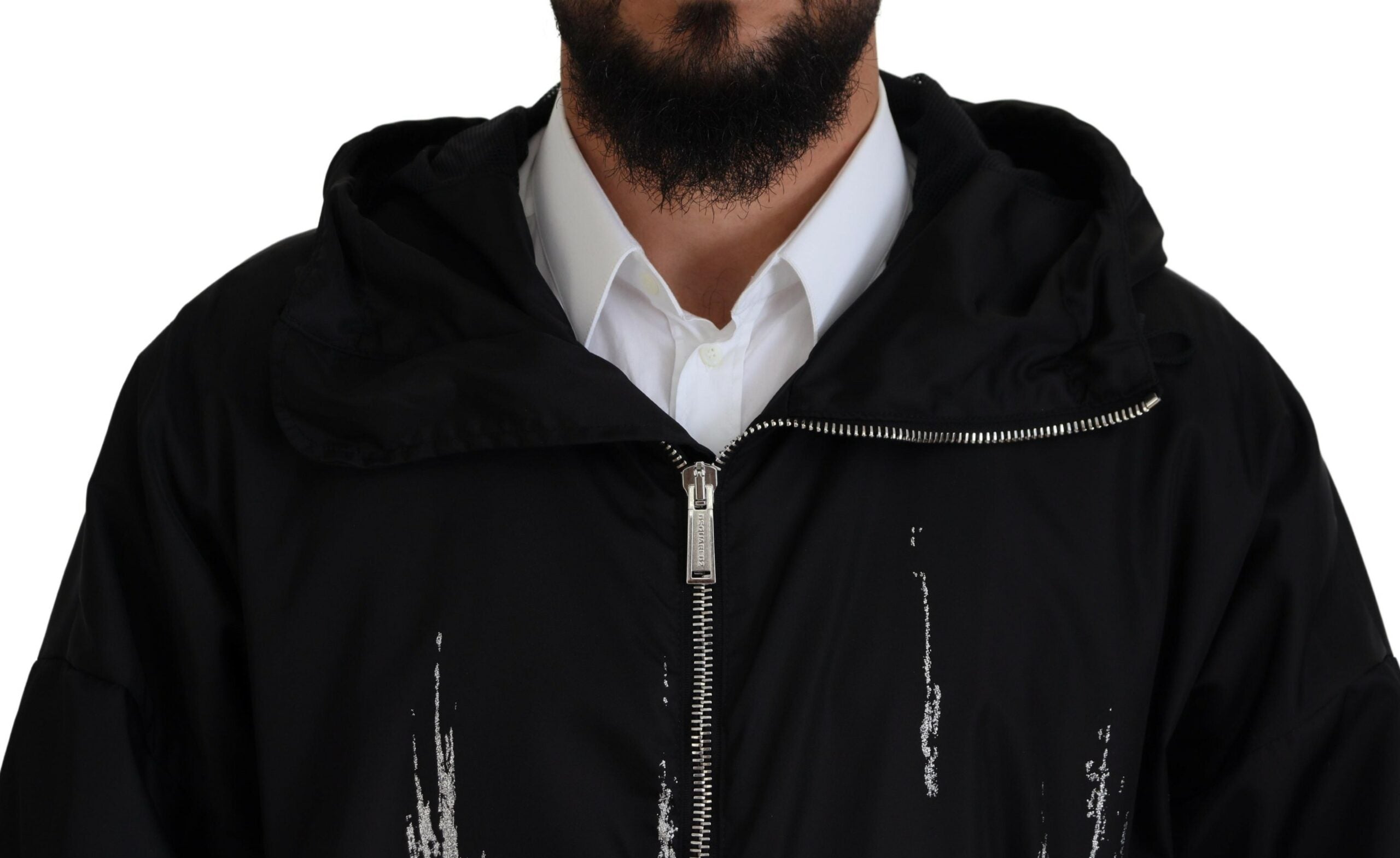 Imperméable long à capuche noir et blanc avec motif imprimé, veste en nylon de la marque Dsquared².
