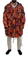 Veste longue multicolore Dsquared² avec capuche, poches cargo, style décontracté, visible sur l'image.