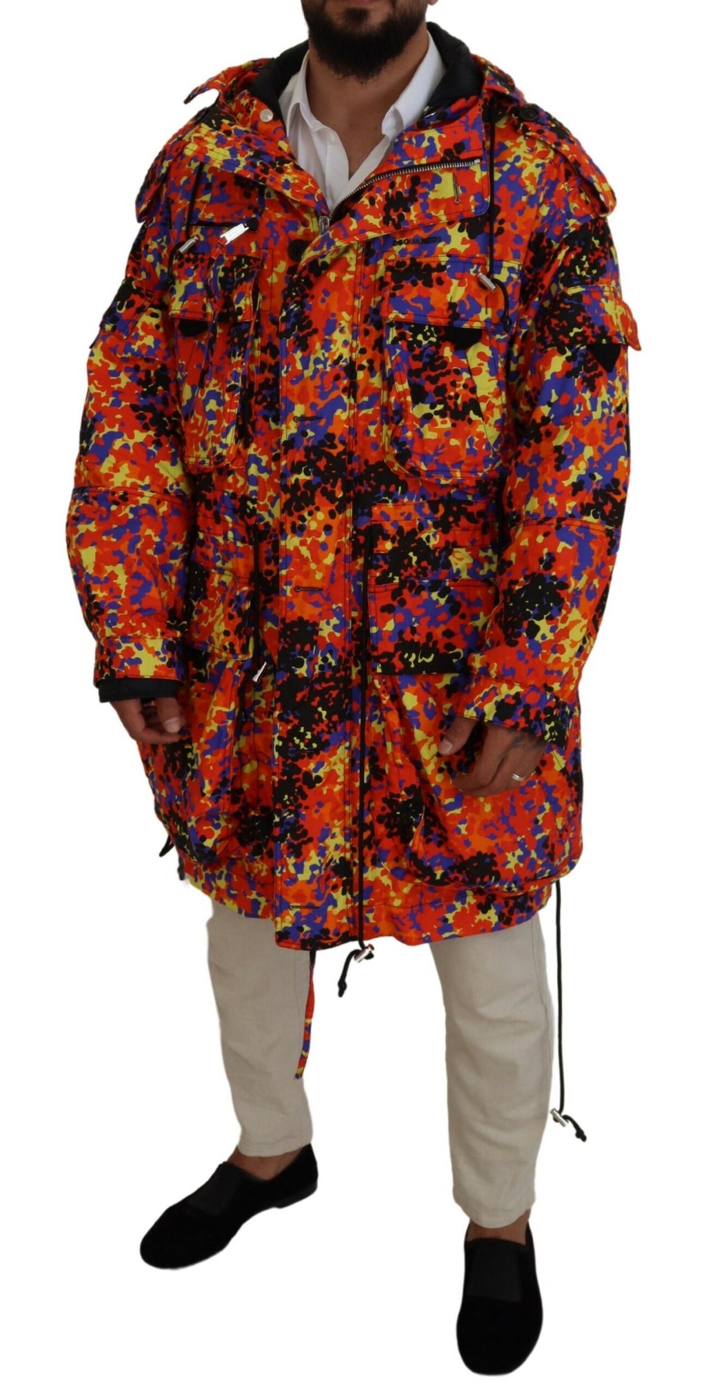 Veste longue multicolore Dsquared² avec capuche, poches cargo, style décontracté et tendance, en tissu léger pour homme.