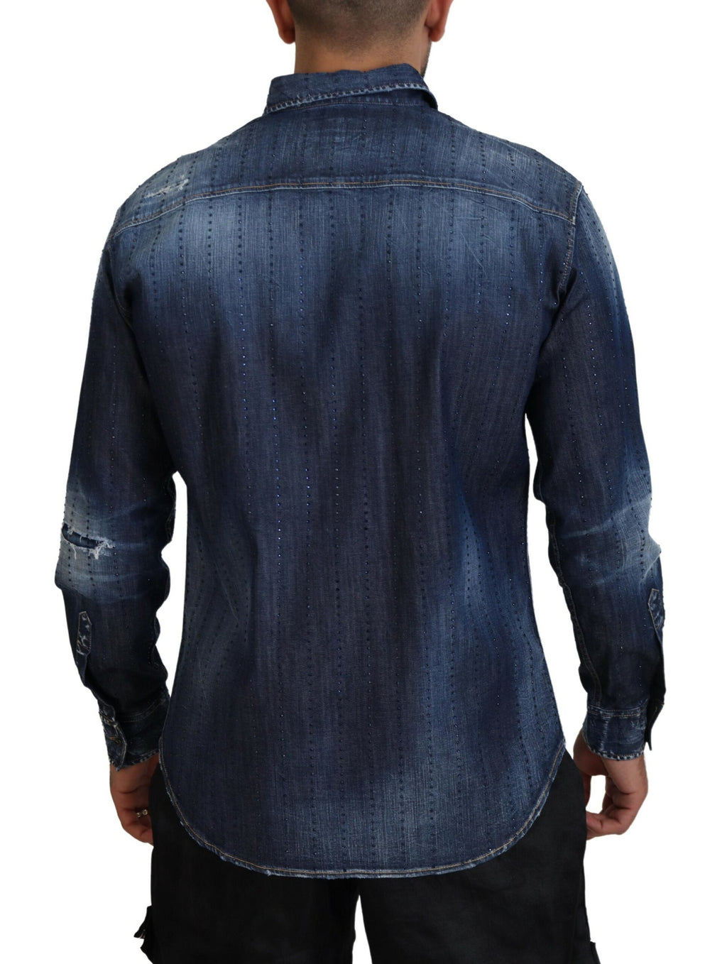 Chemise en denim bleue Dsquared² avec déchirures, cristaux ornés et style décontracté.