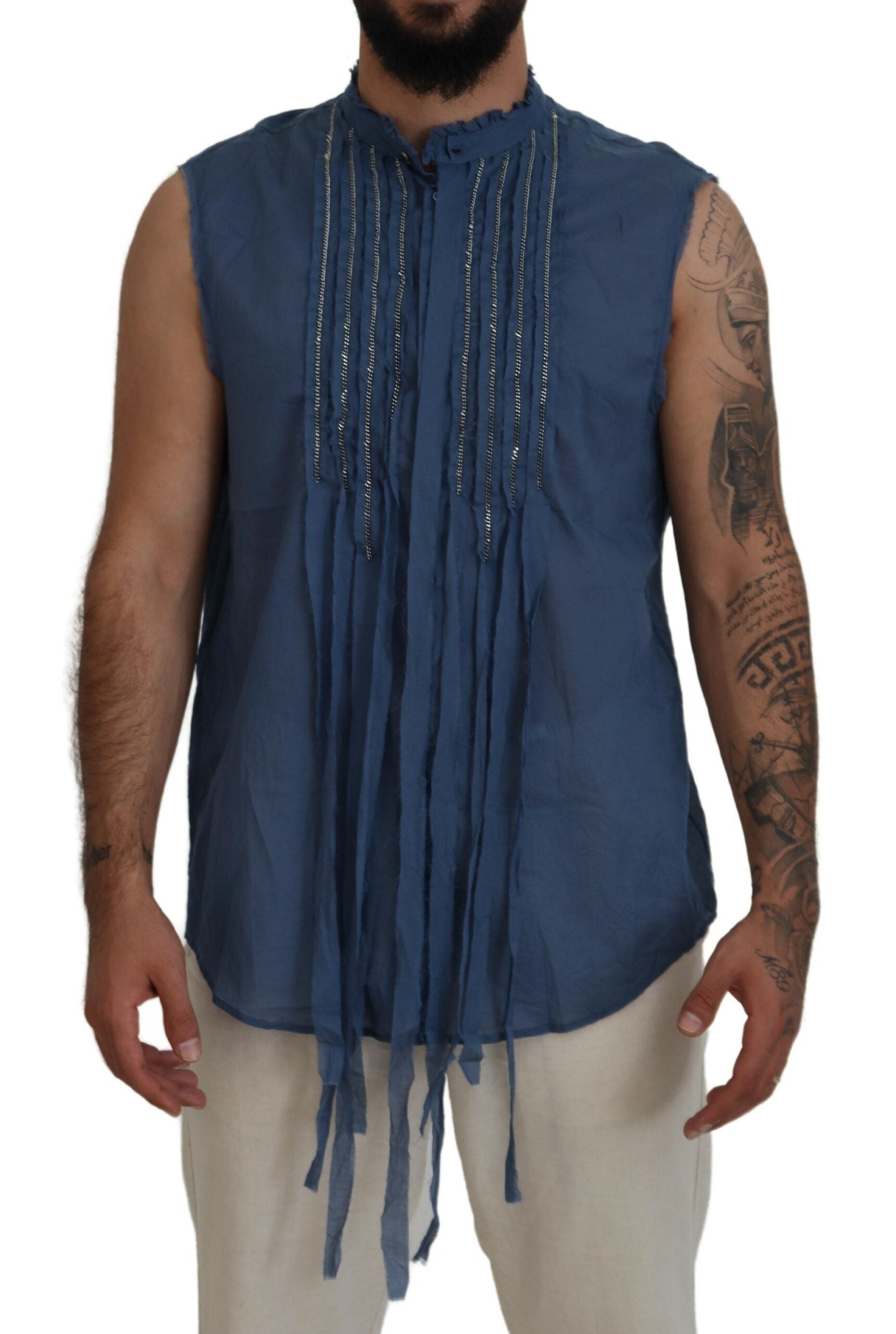 Chemise sans manches en coton bleu Dsquared² avec embellissement de chaîne, design élégant et moderne.