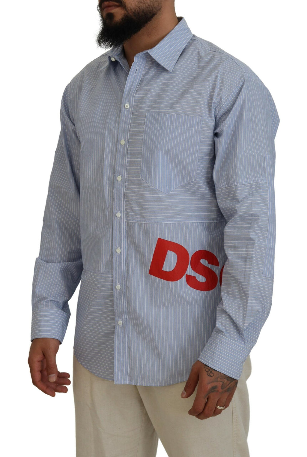Chemise formelle à rayures bleues avec logo Dsquared² et manches longues, vue de face.