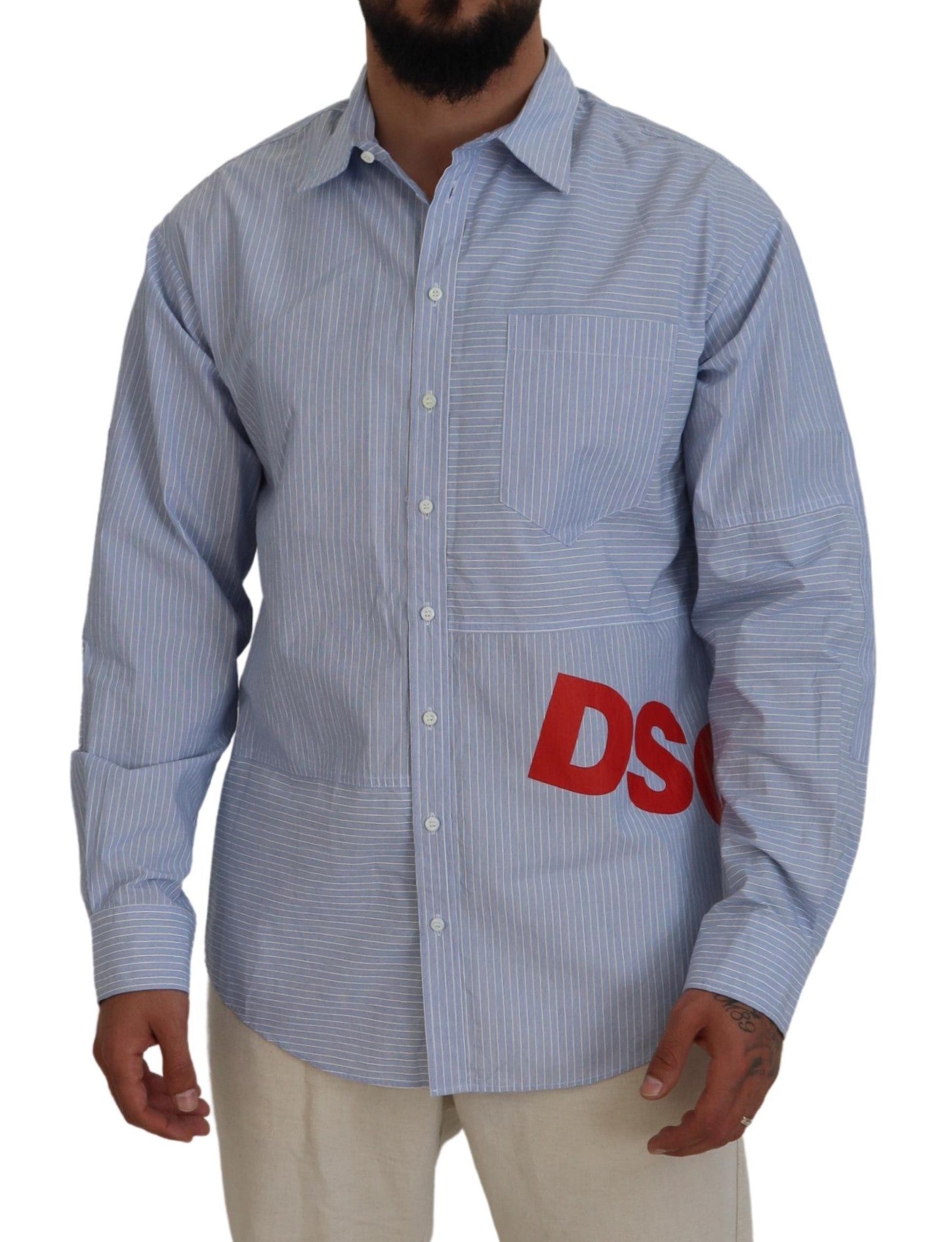 Chemise formelle à manches longues Dsquared² avec rayures bleues et logo imprimé, élégante et moderne.