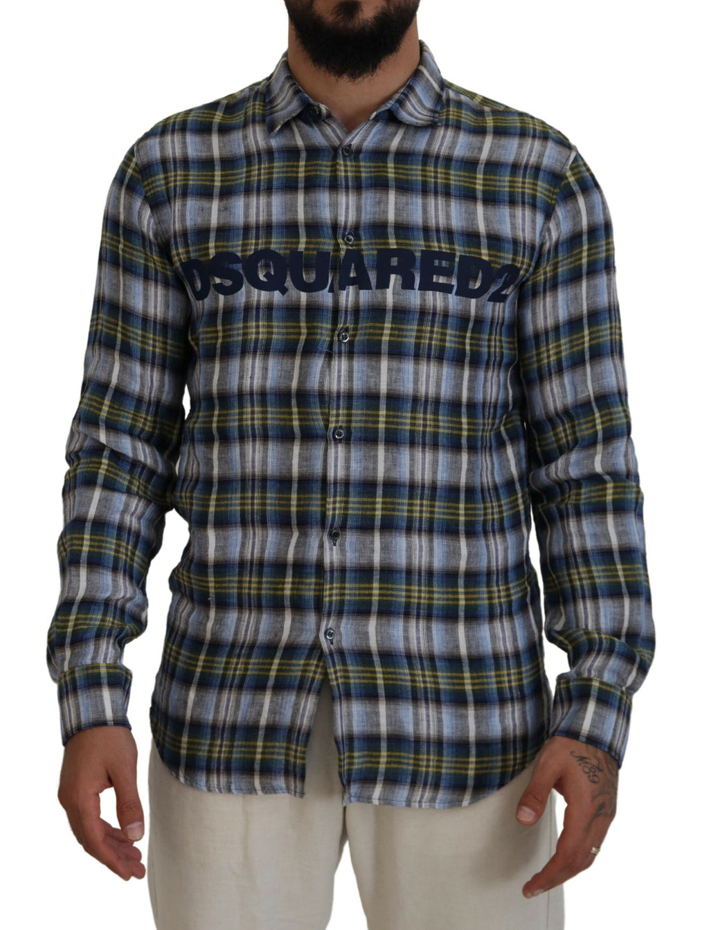 Chemise homme à manches longues Dsquared² à carreaux multicolores, style décontracté et tendance, vue en gros plan.