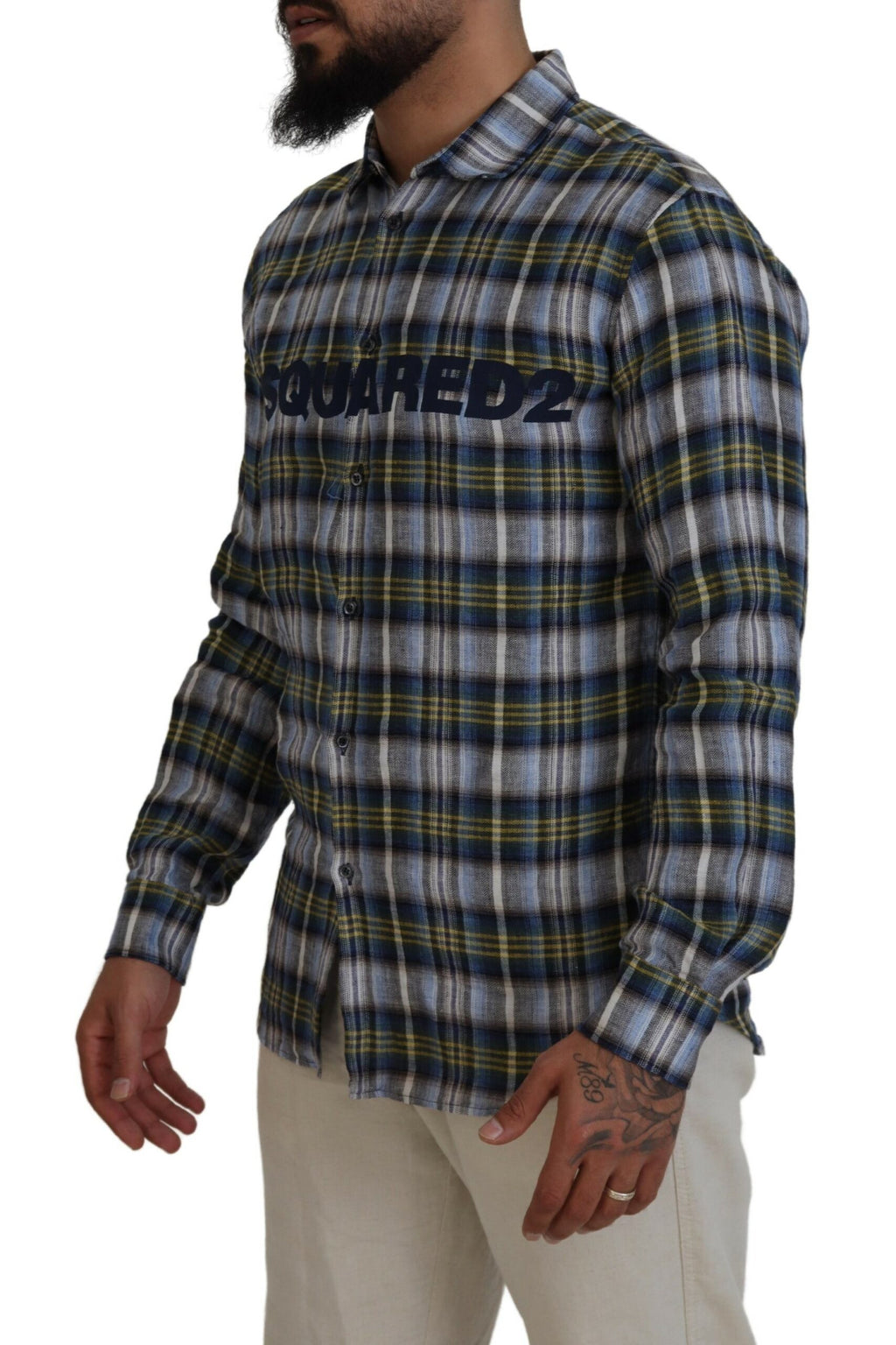 Chemise homme à manches longues à carreaux multicolores Dsquared², style décontracté et tendance, vue de face.