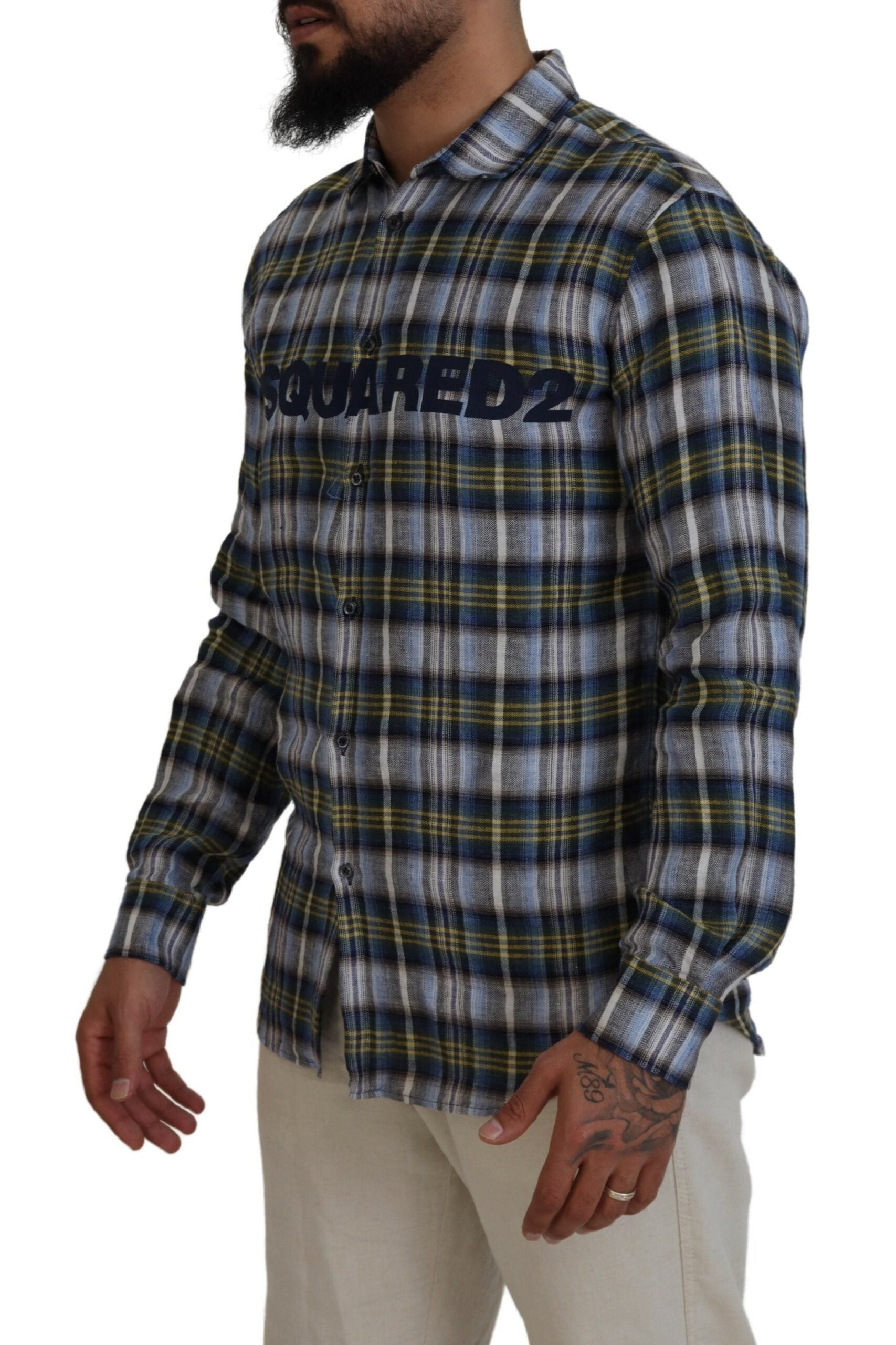 Chemise homme à manches longues à carreaux multicolores Dsquared², style décontracté et tendance, vue de face.