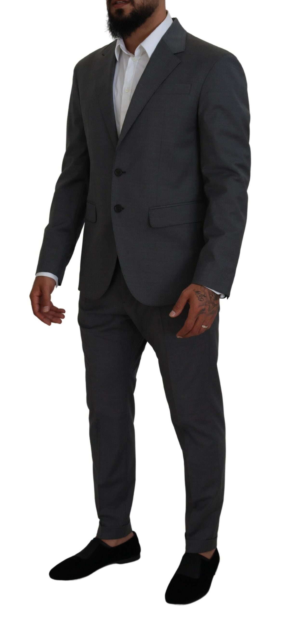 Costume gris en laine à 2 pièces de Dsquared², veste à double boutonnage et pantalon pour homme.