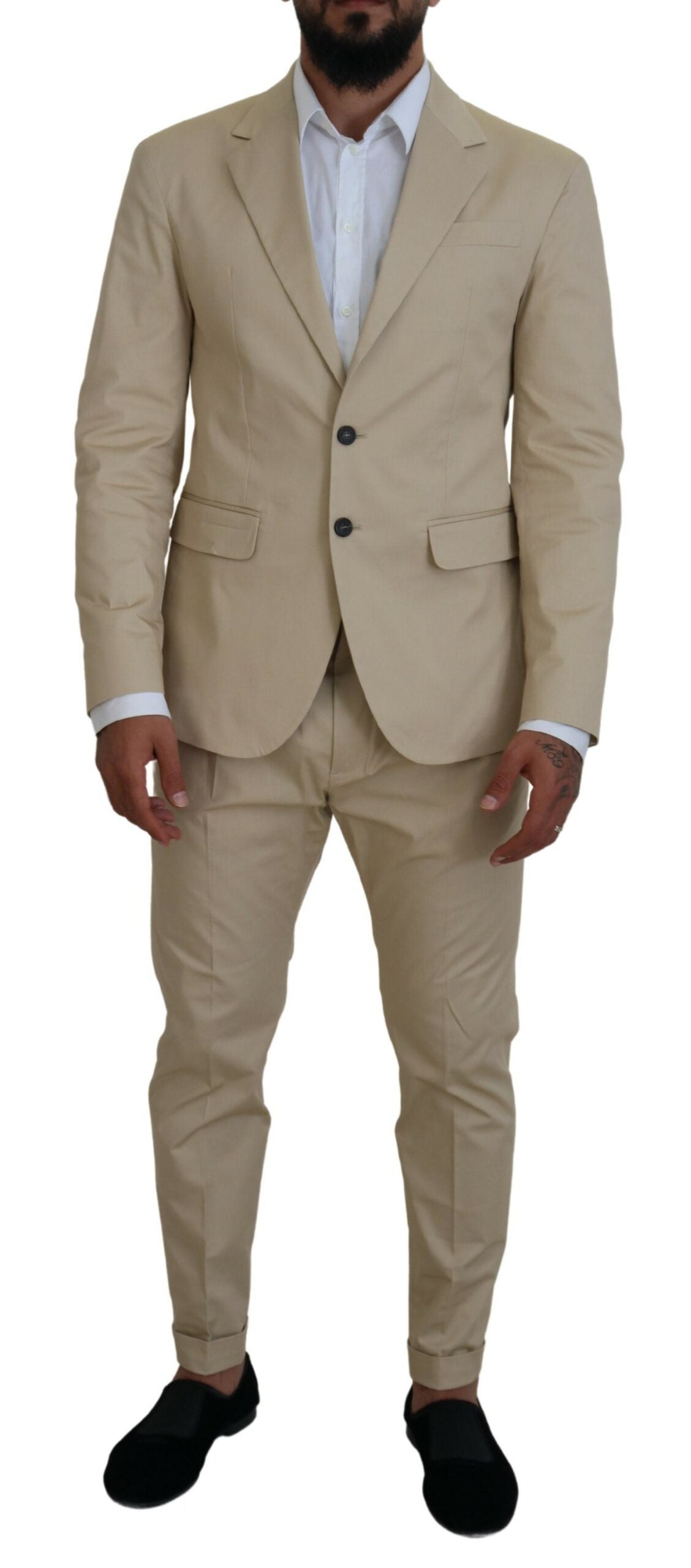 Costume deux pièces en coton beige de Dsquared², veste à boutonnières simples, pantalon assorti, style élégant et moderne