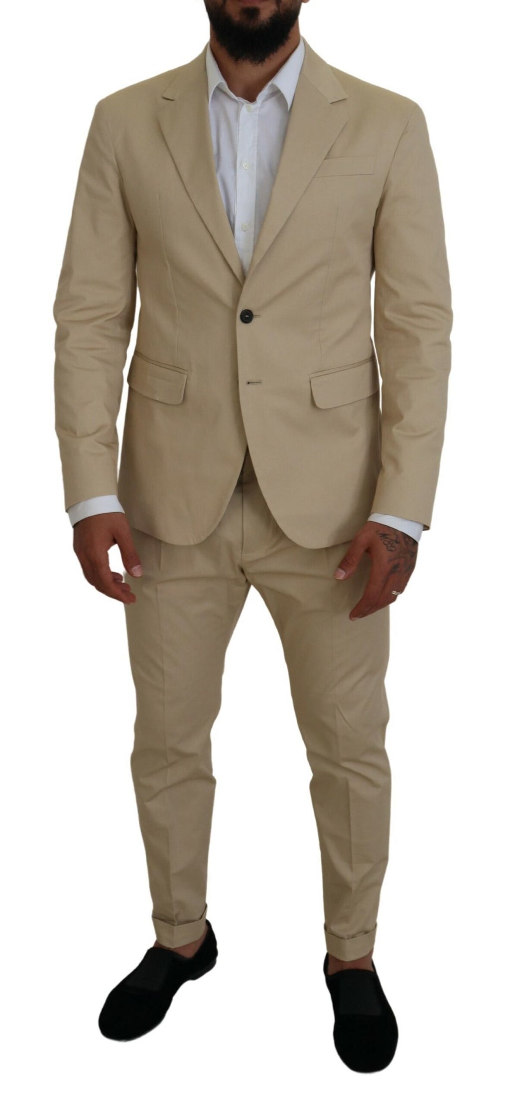 Costume en coton beige à deux pièces, à double boutonnage de la marque Dsquared², vue de devant.