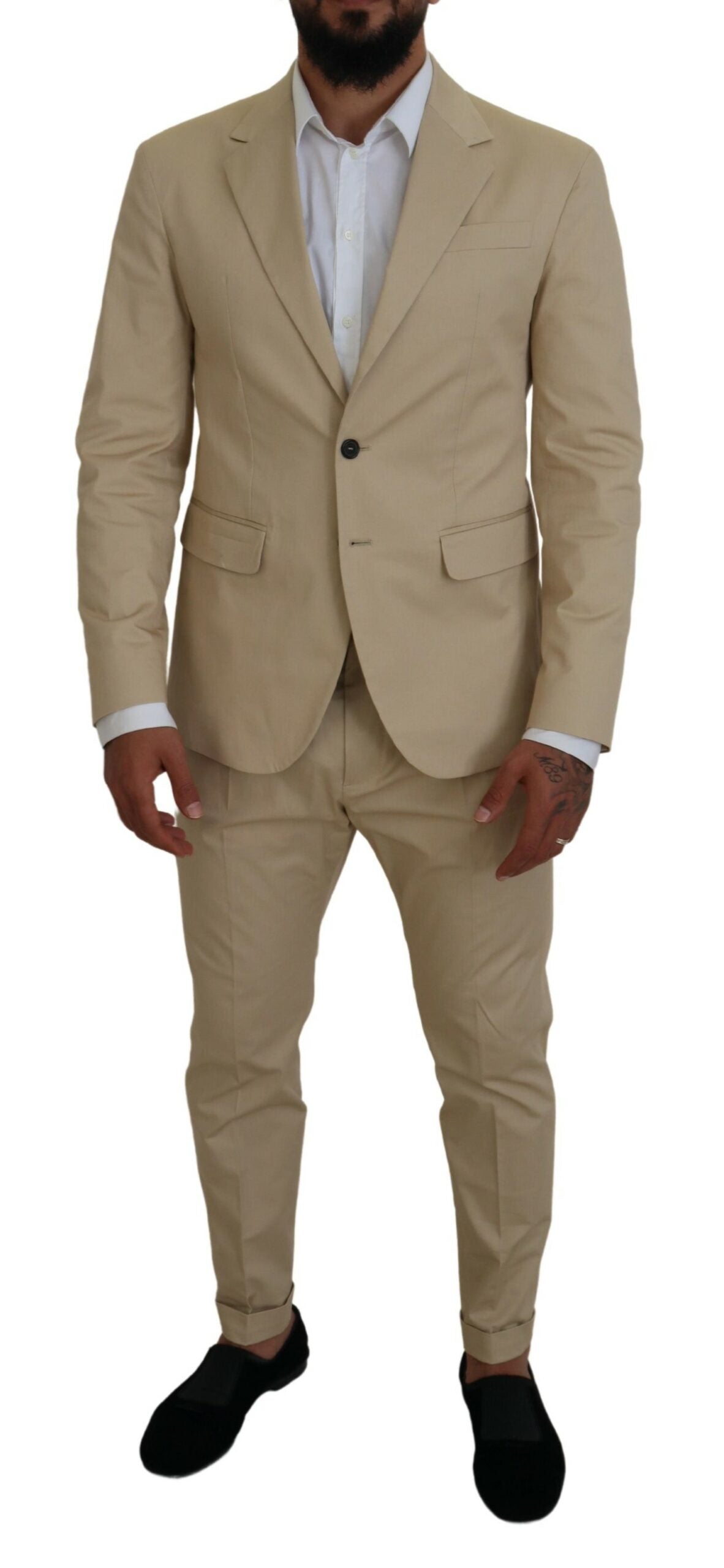 Costume en coton beige à deux pièces, à double boutonnage de la marque Dsquared², vue de devant.