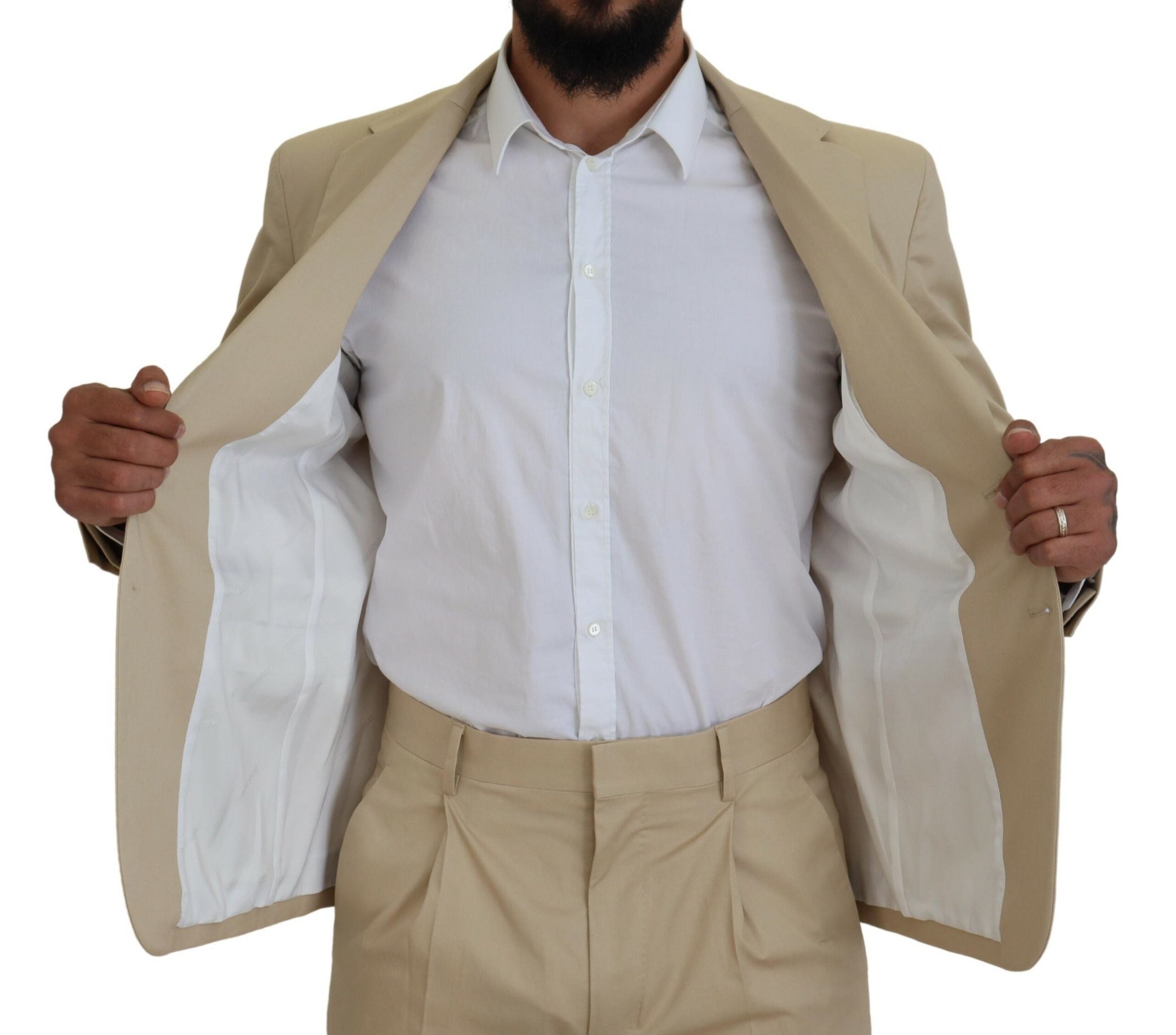 Costume en coton beige à deux pièces Dsquared², veste croisée simple boutonnage, élégant et classique.