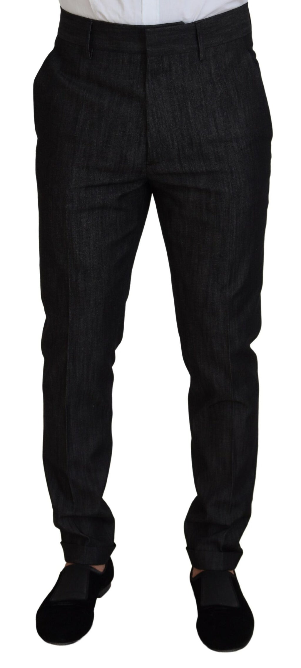Costume deux pièces en coton noir Dsquared² Miami avec veste à boutons et pantalon assorti, vue de face.