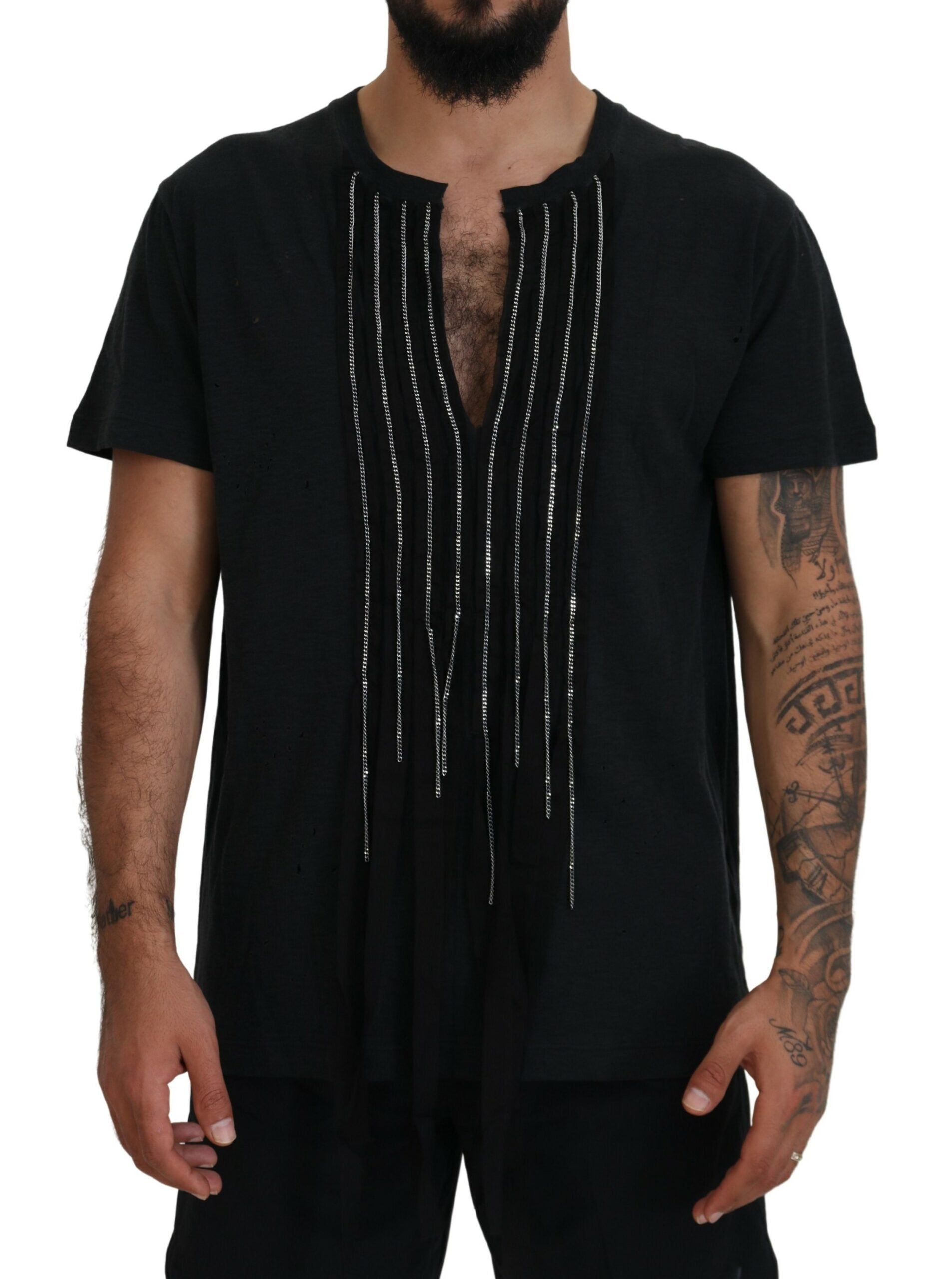 T-shirt en coton noir avec chaîne décorative de la marque Dsquared², manches courtes et style moderne.