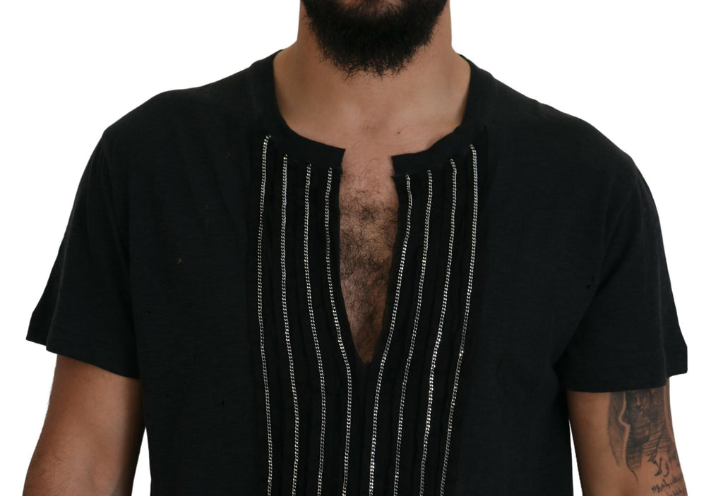 T-shirt en coton noir à manches courtes avec chaînes décoratives de la marque Dsquared².