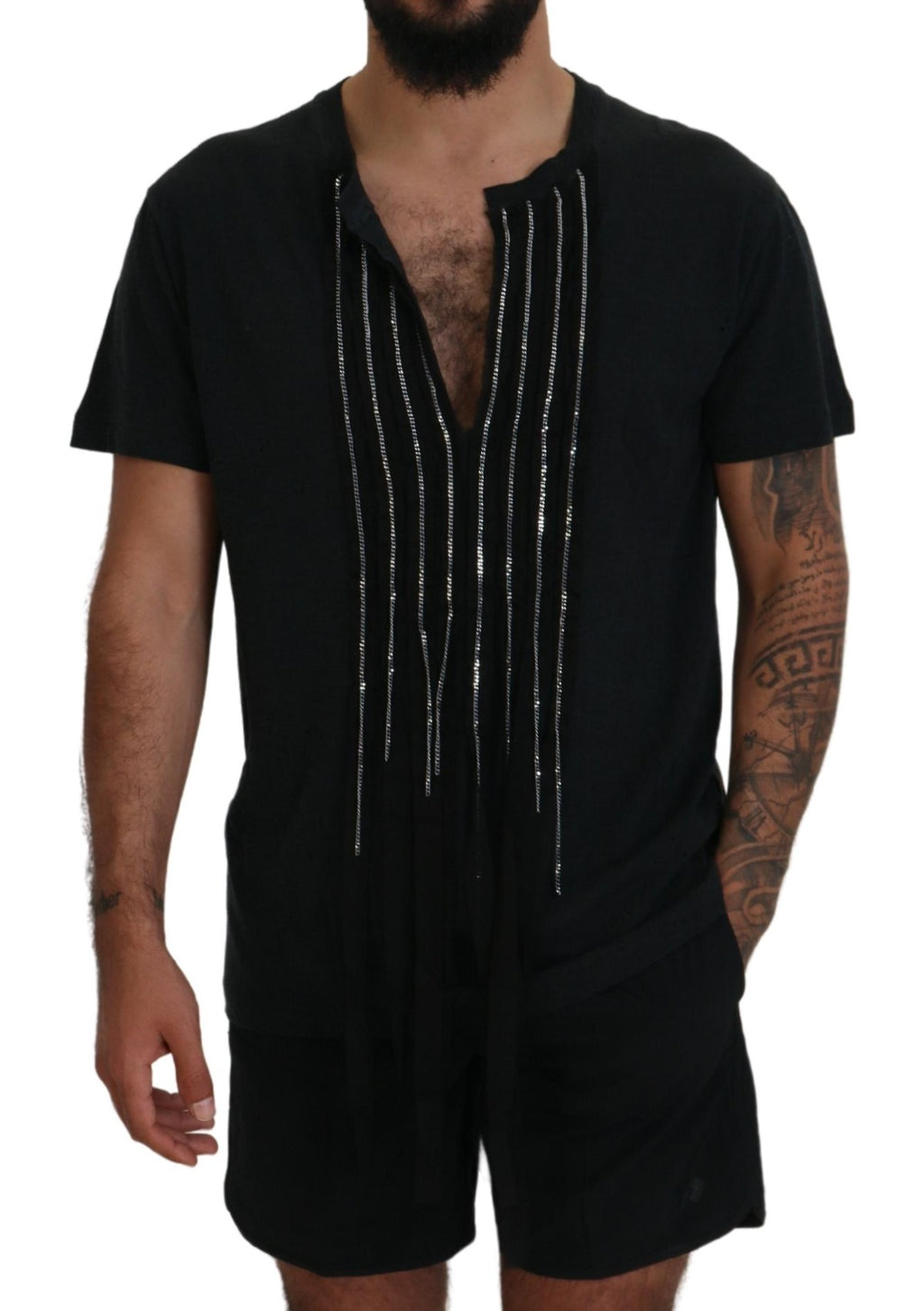 T-shirt à manches courtes en coton noir de Dsquared² avec chaîne décorative et embellissements.