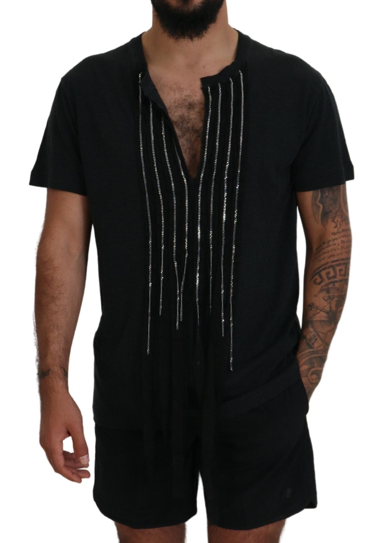 T-shirt à manches courtes en coton noir de Dsquared² avec chaîne décorative et embellissements.