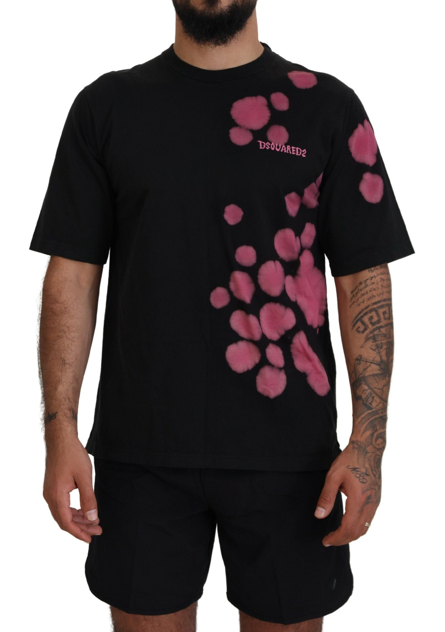 T-shirt à manches courtes noir et rose de Dsquared², coton, col rond, style décontracté et moderne.