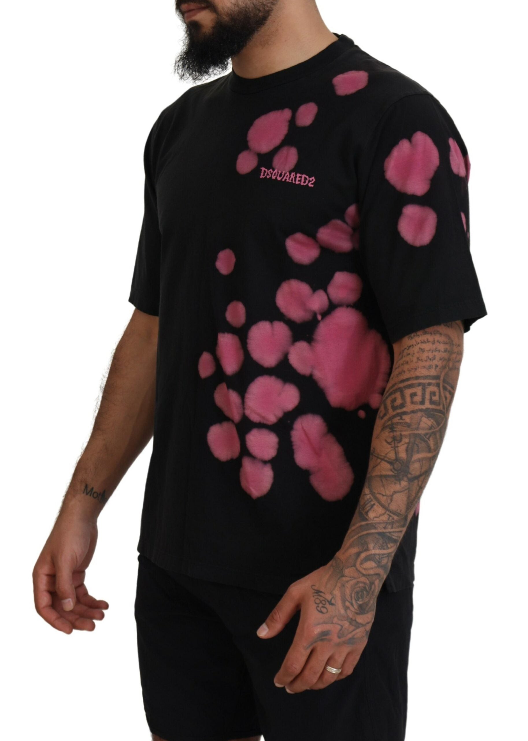 T-shirt à manches courtes noire et rose en coton de Dsquared², col rond, style décontracté et moderne.