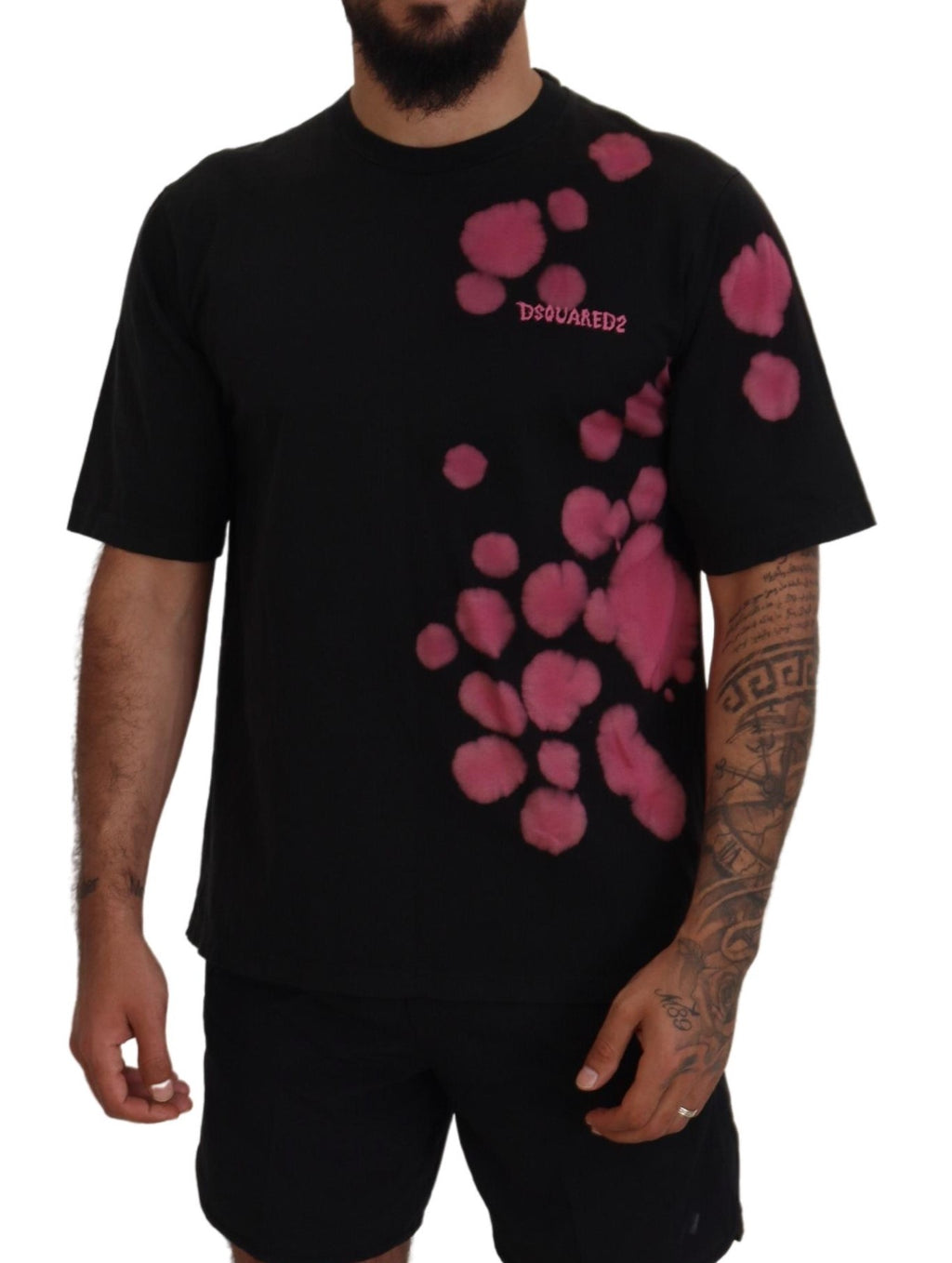 T-shirt noir et rose en coton à manches courtes et col rond de Dsquared², vue de face avec logo visible.