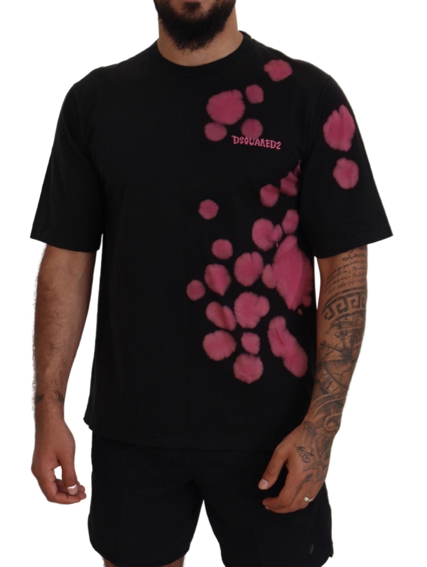 T-shirt noir et rose en coton à manches courtes et col rond de Dsquared², vue de face avec logo visible.