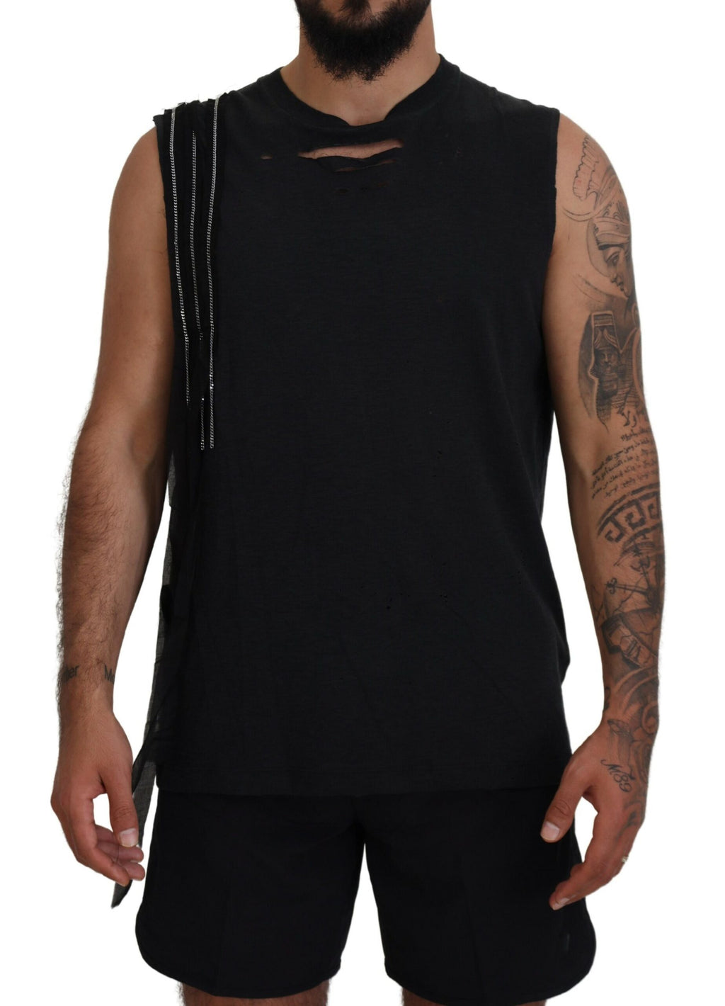 T-shirt sans manches noir pour hommes de Dsquared² avec chaîne décorative et embellissements métalliques.