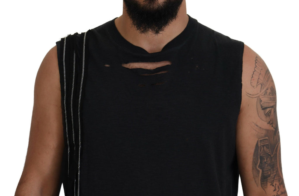 T-shirt sans manches pour homme Dsquared² noir avec chaîne décorative et détails stylés.