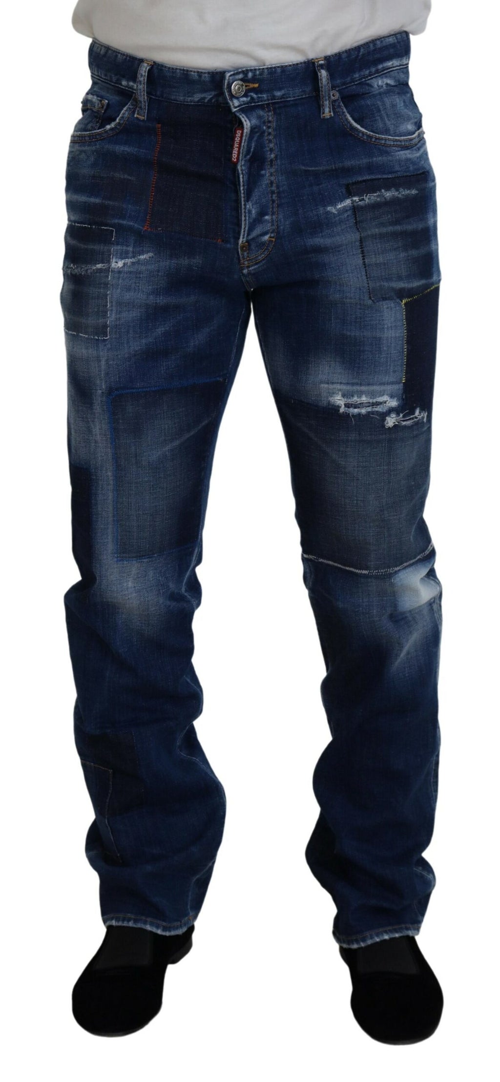 Jeans en denim droit à patchwork bleu délavé de Dsquared², style classique et coupe droite.