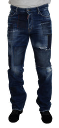 Jeans en denim droit à patchwork bleu délavé de Dsquared², style classique et coupe droite.