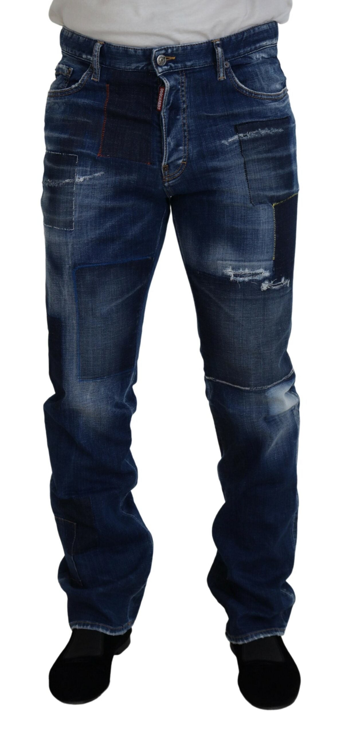 Jeans en denim droit à patchwork bleu délavé de Dsquared², style classique et coupe droite.