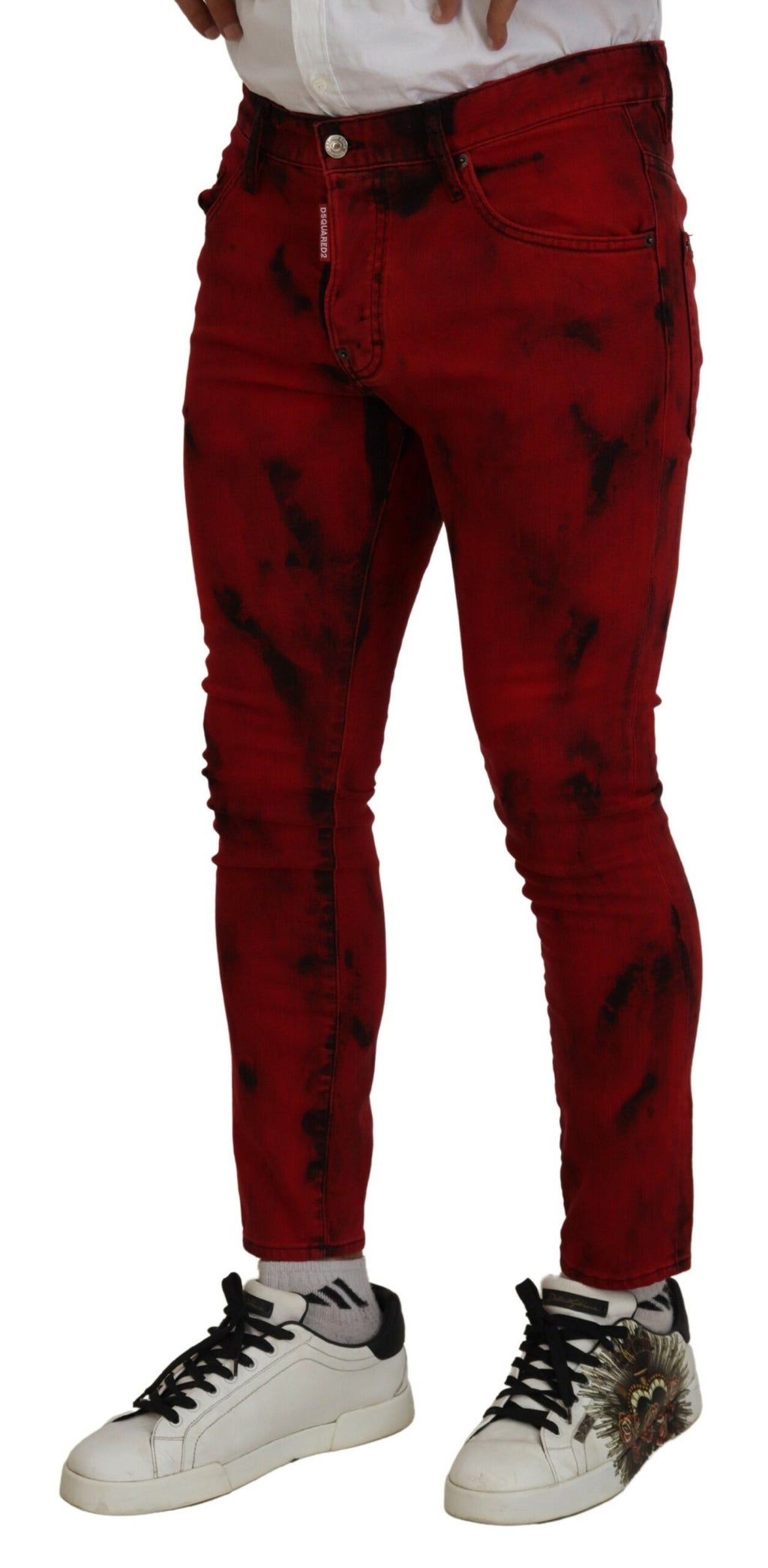 Jeans homme Dsquared² skinny délavé en coton rouge avec effet tie-dye, style décontracté en denim ajusté.