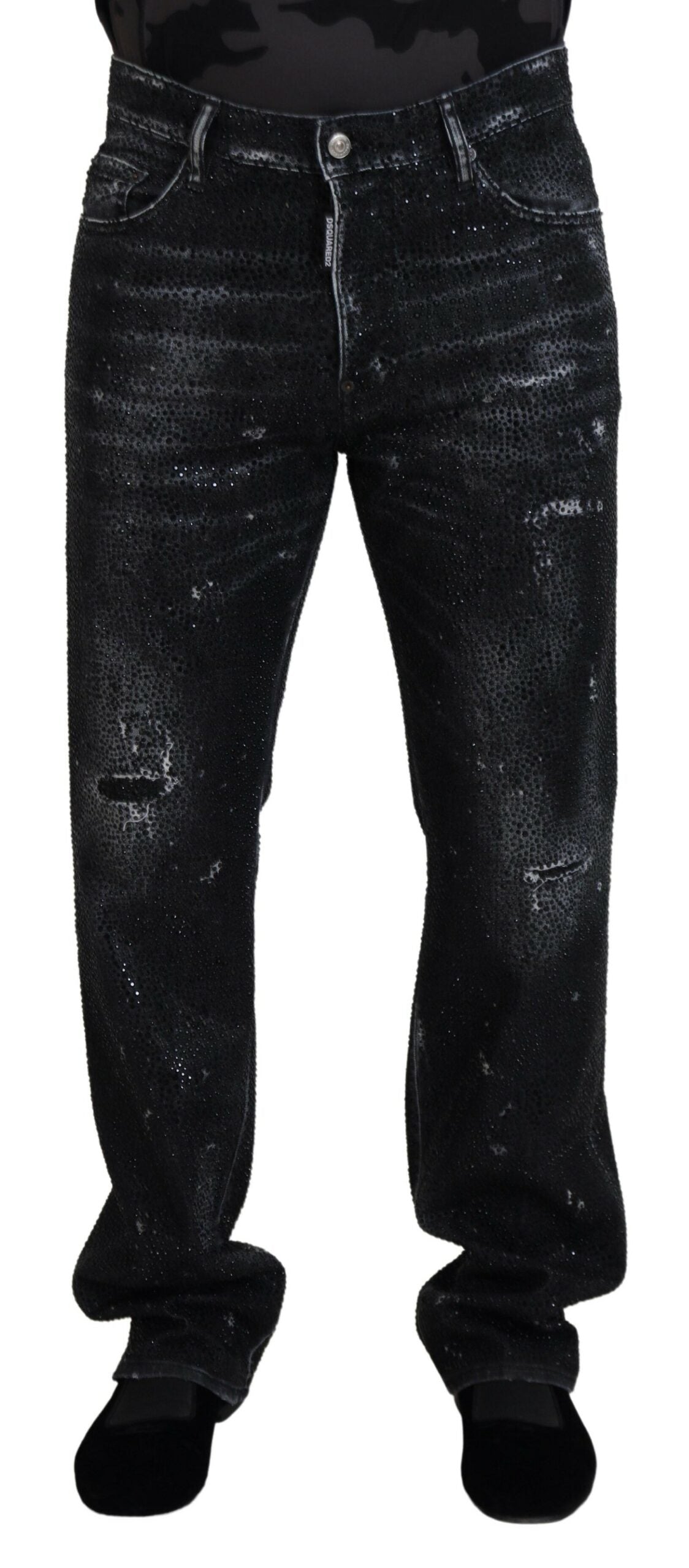 Jeans en denim déchiré noir de Dsquared² ornés de cristaux brillants et détails usés, style streetwear élégant.