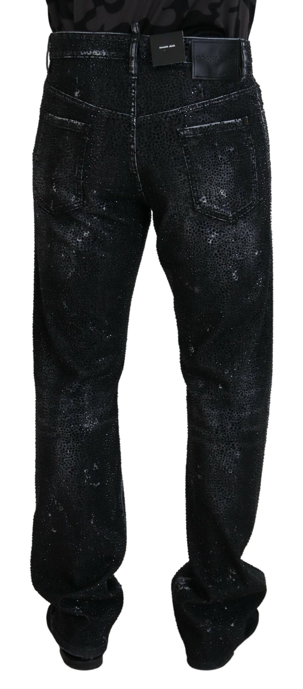 Jeans en denim déchiré noir de Dsquared² ornés de cristaux brillants et détails usés.
