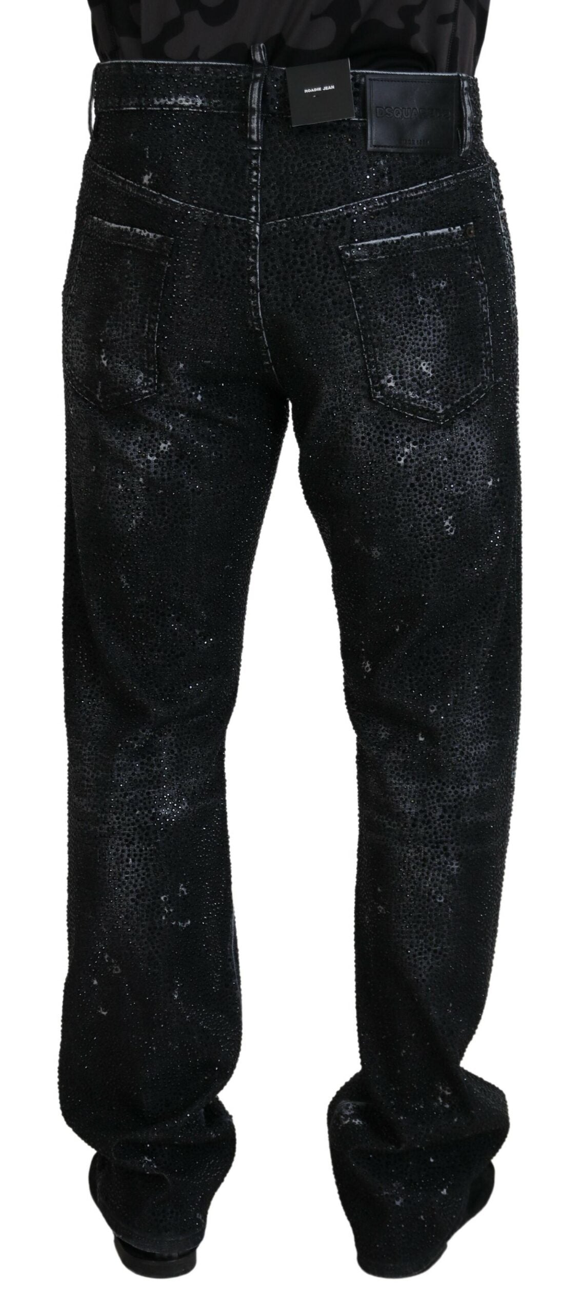 Jeans en denim déchiré noir de Dsquared² ornés de cristaux brillants et détails usés.
