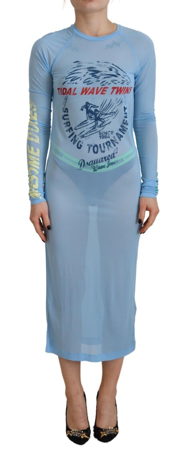 Robe longue à manches longues en viscose bleue imprimée de Dsquared², vêtement léger et élégant pour la plage ou l'été.